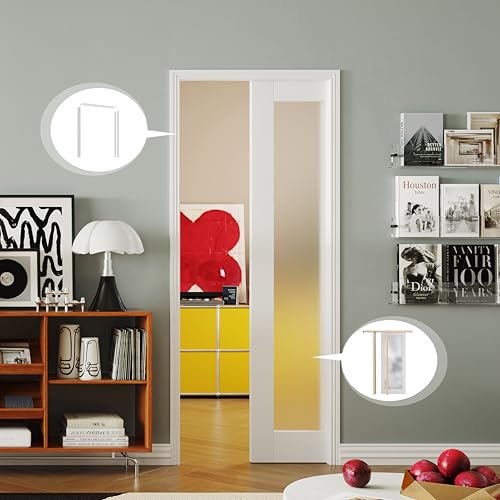 Image of Interior Pocket Door, 1-Lite Frosted Glass Pantry Door Panel with Frame and Hardware Kit Set Plus Door Jamb, 24 inch x 80 inch Single Closet Door Slab for Sliding Door, No Panel Assembly Required
