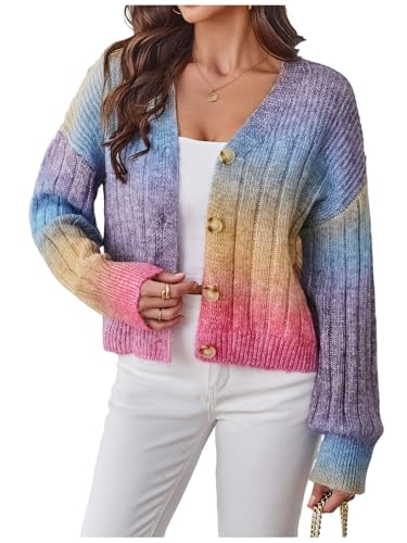 Image of MakeMeChic Women's Colorful Chunky Cropped Cardigans Button Down Long Sleeve Drop Shoulder Rainbow Sweater
