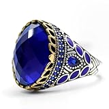 Solid S925 Sterling Silver Men's Ring Blue Crystal Glass Black Agate Red Agate Purple Zircon Turquoise Türkiye Handmade Ring National Style Craft Unique Jewelry (9, Blue)