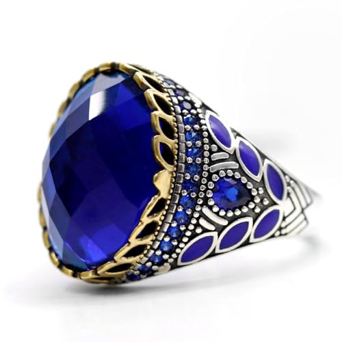 Solid S925 Sterling Silver Men's Ring Blue Crystal Glass Black Agate Red Agate Purple Zircon Turquoise Türkiye Handmade Ring National Style Craft Unique Jewelry (9, Blue)