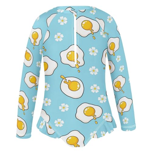 Fried Eggs Flowers Pattern Girls Rash Guard Swimsuits Long Sleeve One Pieces Bathing Suit UPF 50+ Zipper Swimwear2