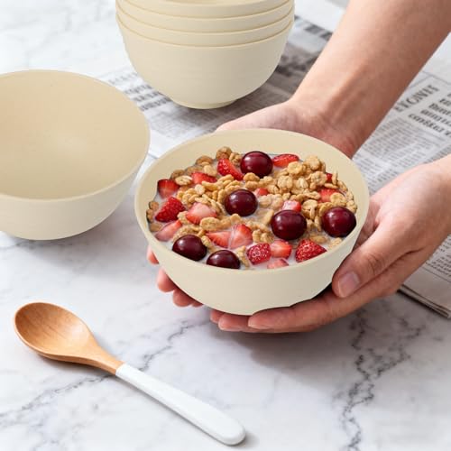 Image of Wheat Straw Bowls Set of 6, 26 OZ Unbreakable Cereal Bowls, Reusable Plastic Bowls for Camping, Dorm, RV, Picnic, Lightweight Salad Soup Bowls, Microwave & Dishwasher Safe, Beige
