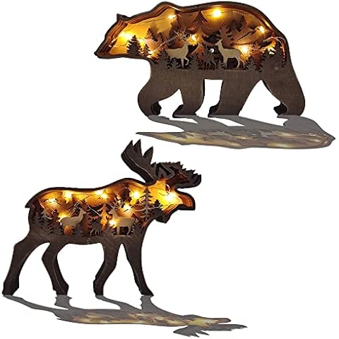 Thungeek 3D Wooden Wall Art Decor Lighted DIY LED Shelf Decorations, Hunting Forest Decor Cabin Clearance for Home & Office, Deer Statues Figurine Animals Shaped Collection Wildlife Gift (2PCS) Cover