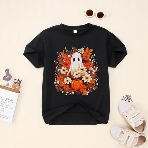 Image of GLIGLITTR Girls Halloween Ghost T Shirt Pumpkin Floral Graphic Tee Tops Kids Spooky Season Casual Short Sleeve Shirt