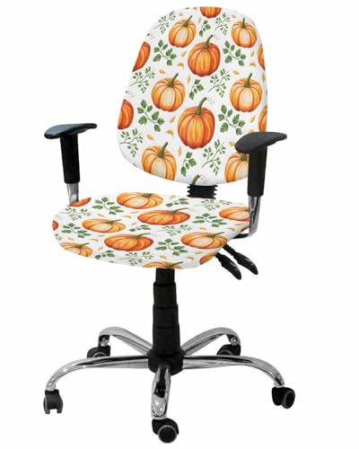 Fall Orange Pumpkin 2 Pieces Computer Office Chair Covers Set,Stretchable Desk Rotating Chair Seat Cushion Slipcover Back Covers,Watercolor Farmhouse Plants Leaves Slipcover Back Cover Protector Cover