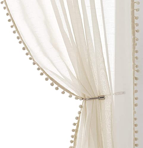 Treatmentex Cortinas Beige Transparentes de con Pompones para Salon y Dormitorio,Bolsillo para...