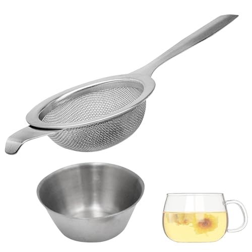 Tea Strainer and Bowl, Stainless Steel Tea Fine Mesh Strainer Tea Filter, Cooking Sieve Loose Leaf Tea sieves and strainers with Non Slip Handle for Sifting Dry Ingredients, Flour, Pastas, Rice, Tea