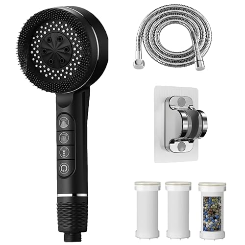 Pommeau Douche Haute Pression,Pommeau De Douche Anti Calcaire,Filtre Shower Head avec Tuyau 1.5M et Support,4 Types de Jets Douchette Douche Salle de Bain avec Bouton D'arrêt D'eau,Noir