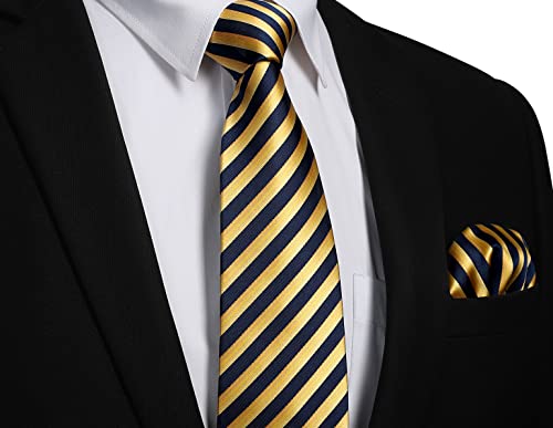 Image of Enlision Mens Ties Stripe Tie and Pocket Square Set Classic Formal Woven Neckties Handkerchief Cufflinks Wedding