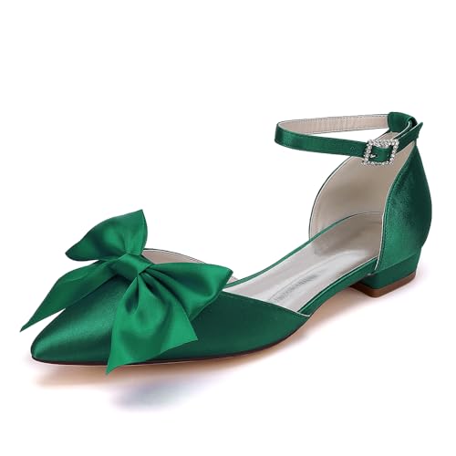 Women's Pointed Toe Flats Ankle Strap Ballet Flats with Bow Flat Bridal Shoes Evening Dress Pumps
