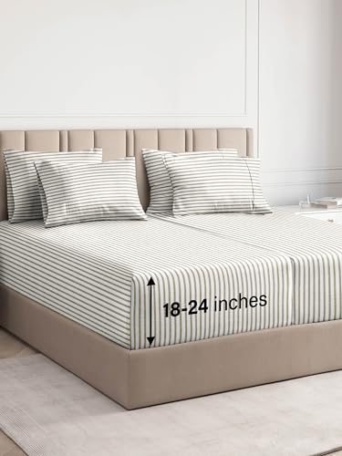 Extra Deep Split King Sheet Set - 7 Piece Breathable & Cooling Sheets - Hotel Luxury Bed Sheets Set - Easy Fit - Soft, Wrinkle Free & Comfy Sheets Set - Beige Striped Sheet Set w/Extra Deep Pockets - 6