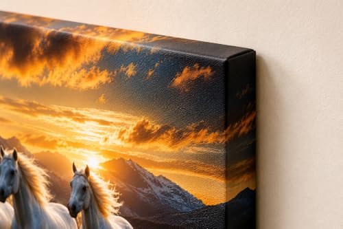 Image of 7 Horse Vastu Sunrise Canvas Painting | Positive Energy Wall Decor | Big Size Premium Running Horses Artwork for Home, Office & Hall Decoration (Modern, Hills White, 26x18 Inch)