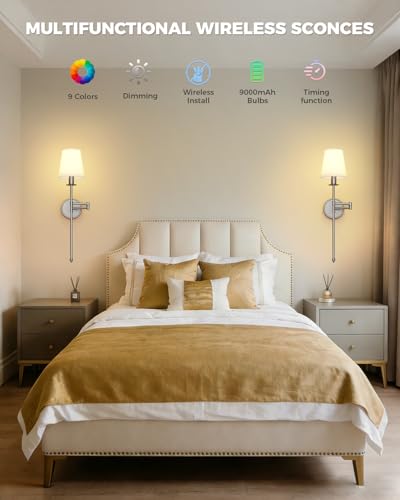 Image of Joosenhouse Battery Operated Wall Sconces Set of 2, 24.8 Inch Brushed Nickel Wireless Dimmable Wall Lamp with Remote Control, Easy Install Wireless Lighting for Bedroom, Living Room, Hallway