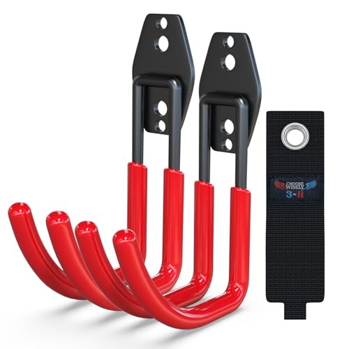 3-H Ganchos de pared para garaje, ganchos dobles, 2 unidades, para escaleras, herramientas, manguera, herramientas eléctricas, color rojo