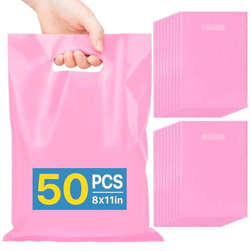 ANZNKU 50 PCS Pink Bulk Gift Bags 8x11 Goodie Bag for Candy Treat Jewelry Craft Plastic Gift Bags with Die Cut Handles for Easter Gifts Birthday Small Business Wedding