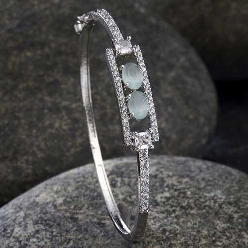 Image of ZENEME Rhodium-Plated Oval Shape American Diamond Studded Handmade Kada Bracelet For Girls and Women