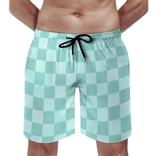 Hawaiian Shorts for Men - Comfy Mint Checker Print Mens Swim Trunks Bathing Suits with Mesh Lining