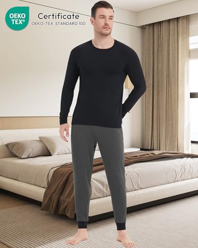 Image of NACHILA Mens Pajamas Set Long Sleeve Henley Sleepwear Top Soft Jogger Pants Pajamas Cool Pjs Set,Viscose Made from Bamboo