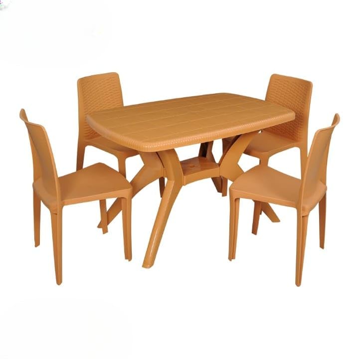 Image of Furniture 4 Seater Max Plastic Cross Leg Dining Table and 4 Nos Linea Without Arm Cushioned Chair for Home, Garden & Cafeteria (Finish Color-Amber Gold, DIY(Do-It-Yourself)