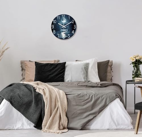 Image of XFM Moon Glass Wall Clock 12 Inch Dark Blue | Silent Non Ticking Battery Operated Round Analog Modern Nature Decorative for Living Room Kitchen Bedroom Decor