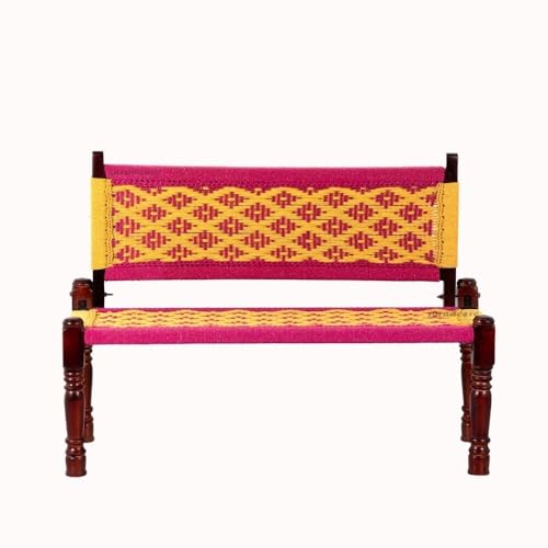 Image of Srima Wooden Bench for Living Room | Handcrafted Sheesham Wood Backrest Bench for Balcony & Garden | Traditional Rajasthani Patio for Outdoor with Cotton Handwoven Rope | Pink and Yellow
