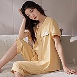 MIVY Pyjama Damen,Damen-Pyjama-Sets, 2-Teilig, Baumwolle, Süße Gelbe Schleife, Revers, Nachtwäsche, Weich, Kuschelig, Kurzärmlig, Oberteile Und Caprihosen, Pjs-Set, Sommer-Loungewear, Nachtwäsche, M