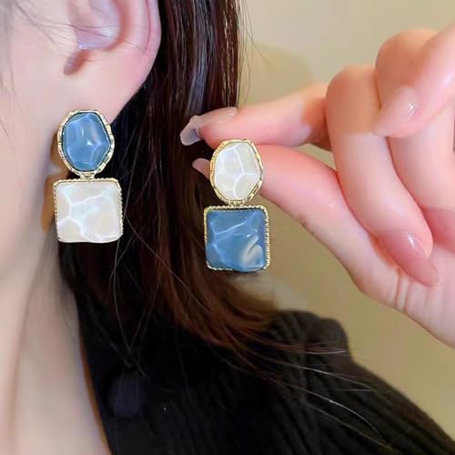 Asymmetrical Earrings, Square Resin Earrings, Blue and White4