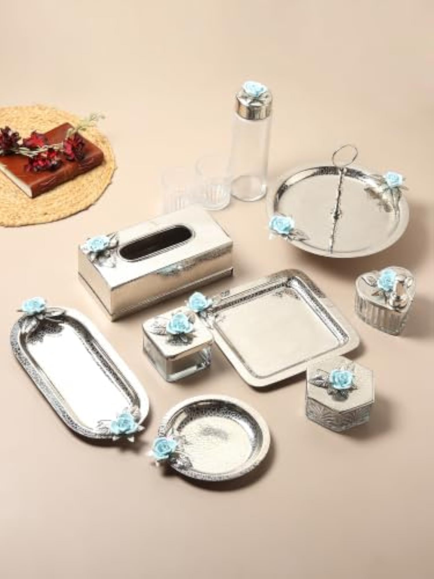 Silver Stainless Steel Square Tray with Blue Rose