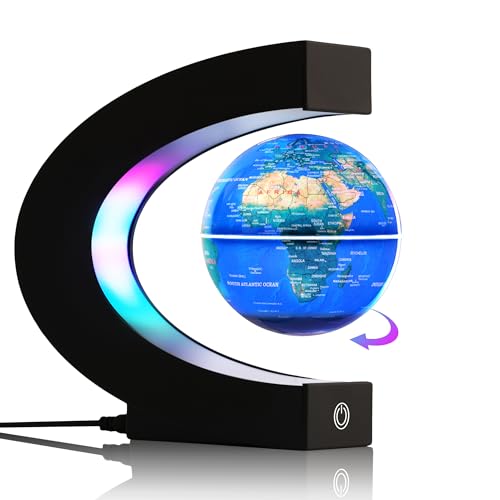 Globe Flottant Magnétique avec Lumières LED 7 Couleurs, Rotation 360°, Lampe Carte du Monde, Veilleuse Éducative STEM, Déco Bureau Moderne et Cadeau...