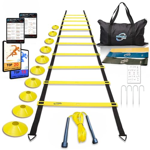 Escalera de Agilidad Set, 11 peldaños, Duradero Materiales, portátil Bolsa de Transporte, Incluye 4 piquetas de Metal + Bonus: 2,5 'Lacrosse Masaje Pelota, por Invencible Fitness