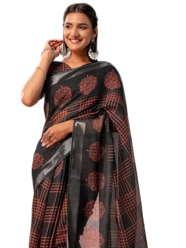 Image of Satrani Women's Linen Printed Ready To Wear Saree with Unstitched Blouse Piece