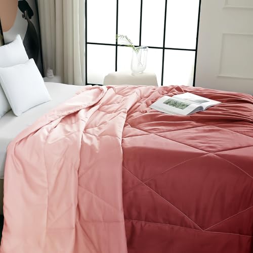 Image of Ac Comforter Single Bed Ombre with Satin Finish 240 GSM - Reversible AC Comforter - Peach & Red Comforter Quilt Duvet Dohar Blanket for Summer 150 x 225cm
