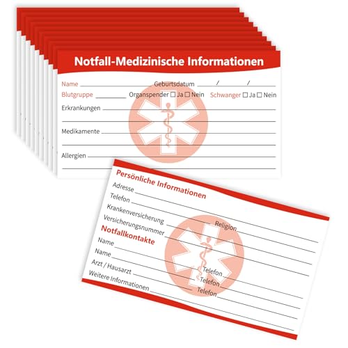 MEDMAX Notfall-Kontaktausweise für medizinische Informationen auf Deutsch, Notfall-Kontakt-Ausweise auf Deutsch, medizinische Notfallkarte für Geldbörse, Handy, Tasche, Handtaschen, 10 Stück
