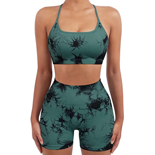 Image of SUUKSESS Women Seamless Workout Sets Strappy Sports Bra High Waist Booty Shorts Outfits