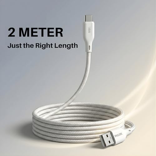 Image of PHILIPS DLC4160AW /94 18W Type-A to Type-C Fast Charging Cable (2m, Bright White) | Nylon Braided | Compatible with iPhone 15+ Series, USB-C iPad Models, Samsung Galaxy & All Type C Devices