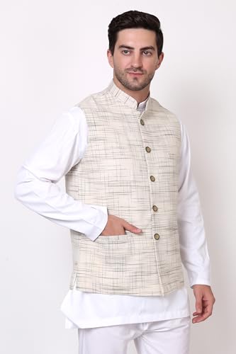 Image of FEBRi Men's Cotton Handloom Fabric Nehru Jacket | Casual Waistcoat for Men