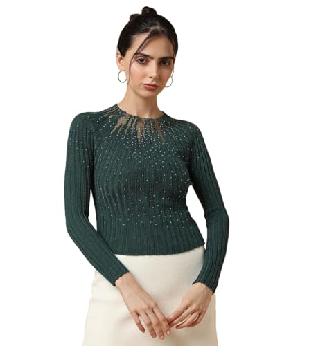 Image of ICW Women Knitted Rhinestone Embellised Daimond Studded Mesh Round Neck Long Sleeve Crop Top T-Shirt 206