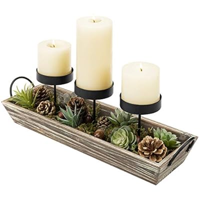 MyGift 3-Pillar Metal Candle Holders with Rustic Torched Wood Tray and Artificial Succulent/Pine Cone Decorations