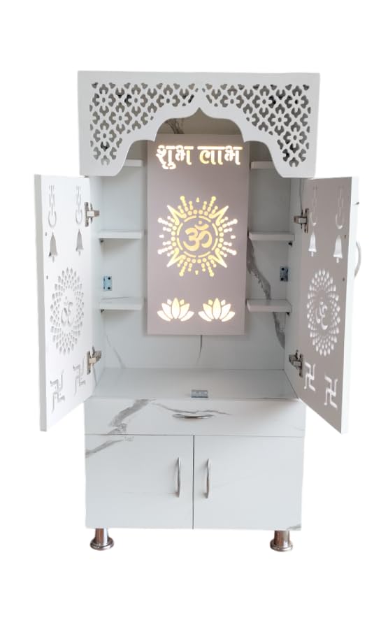 Image of Beautiful Home Temple /Pooja Mandir with Led Lights (Pre Assembled) Engineered Wood Home Temple (Height: 130, Pre-Assembled)|White