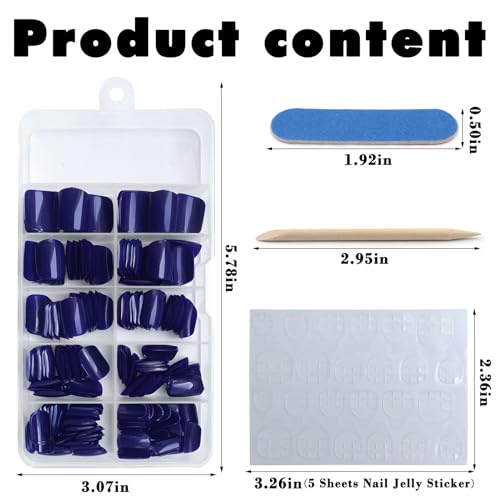 Bellelfin 240pcs Short Press on Nails Dark Blue Full Cover Short Square Fake Nails Glossy Acrylic Artificial False Nail Tips with 5 Sheets Adhesive Glue Tabs for Women and Girls Fingernails Design