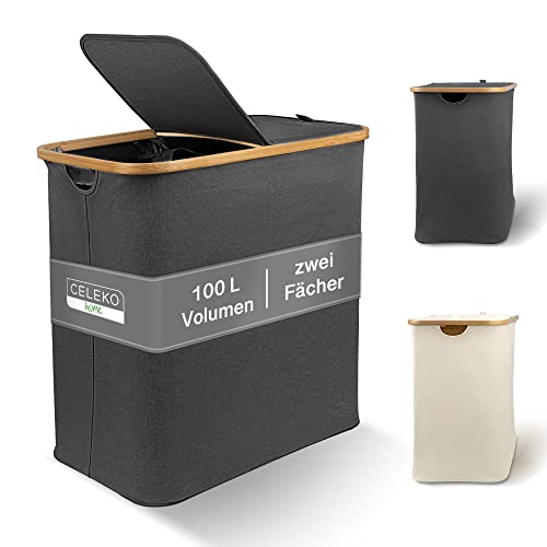 Wäschekorb 2 Fächer mit Deckel 100 Liter Bambus-Stoff Grau Groß - Wäschesortierer Wäschetonne mit Deckel Wäschekörbe Wäschekorbsammler Dunkelgrau Anthrazit Schwarz Laundry Hamper | Celeko Dunkel 100L Wäschekorb 2 Fächer mit Deckel 100 Liter Bambus-Stoff Grau Groß - Wäschesortierer Wäschetonne mit Deckel Wäschekörbe Wäschekorbsammler Dunkelgrau Anthrazit Schwarz Laundry Hamper | Celeko Dunkel 100L