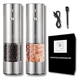 Electric Salt and Pepper Grinder Set of 2 | Automatic One Handed USB Rechargeable with 6 Adjustable Coarseness Levels | LED Light | Modern Stainless Steel | Large Capacity 75mL Mill Grinder | Kitchen