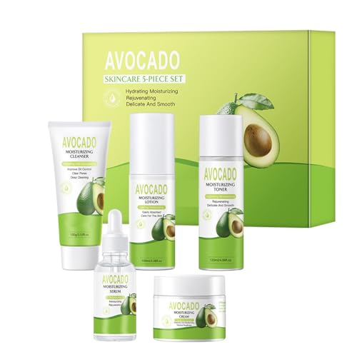 Coffret cadeau 5 en 1 de soins de la peau à l'avocat avec nettoyant pour le visage, tonique, crème pour le visage, lotion et sérum pour le visage, peau hydratante, peau anti-âge pour femmes