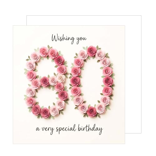 Edition Seidel Premium Carte d'anniversaire carrée avec enveloppe (80 ans). Carte de vœux anglaise Happy Birthday pour Femmes Amies Mère Grand-mère Sœur Fleurs Roses (GQ670 SW026)