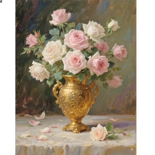 DCIDBEI Peinture Diamant Carré Adultes Fleurs 40x50cm Square Diamond Painting Rose Fleurs Broderie Photos Adultes kit Roses Vase Vintage Peinture par Numéros Rose Peinture Diamant Bouquet de Fleurs