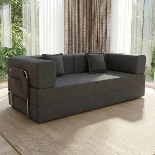 DATO Sofá cama de suelo cama con respaldo de almohada, soporte para brazos, modular sin desnudos, de tela de pana para salón, sofá esquinero independiente (S5682)