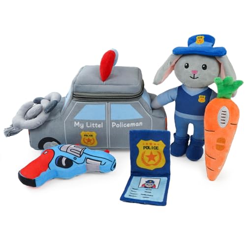 Image of JUSTQUNSEEN Stuffed Plush Police Kit for Baby Toddler, 6-Piece | My Little Policeman Plush Playset, Sensory Pretend Play, Police Car/Bunny Cop/Handcuffs, Boy Girl Infant Newborn Gifts