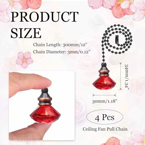 Image of MECCANIXITY 4Pack Ceiling Fan Pull Chain, 12 Inch Decorative Ornaments Diamond Pendant Pull Chain Extension for Ceiling Fans Light Lamp, Red