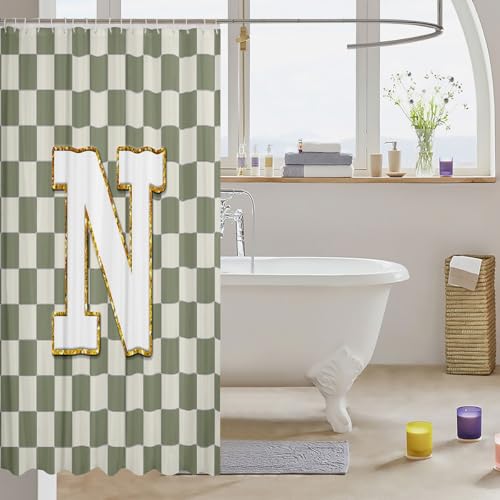 Image of Erosebridal Sage Green Checkered Shower Curtain 72 inch Wx84 L Plaid Initial N Bathroom Curtain Personalized Monogram Bathroom Accessories for Kids Adults,Fashion Grids Gingham Shower Decor