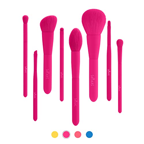 TEXAMO Makeup Brush Set for Powder, Contour, Blush, Highlighter, Eyeshadow, Eyebrow, Concealer, Blending, Premium Synthetic Makeup Brush with Pouch Set of 8, Hot Pink